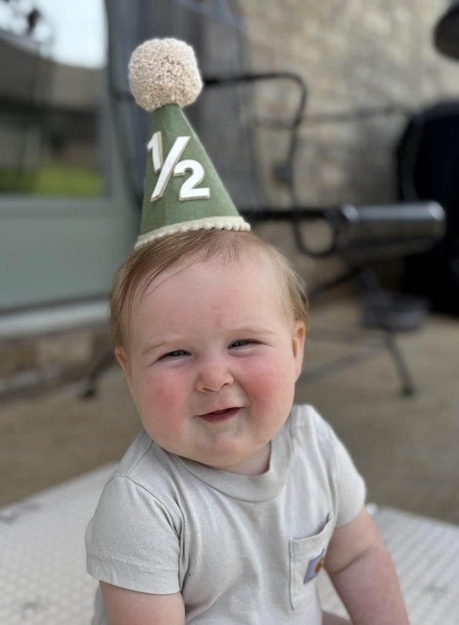 Finduat Baby 1/2 Birthday Hat, Half Birthday Party Hat, 6 Months Celebration Cone Hat with Pom Pom, Sage Green for Girls/Boys - Image 3